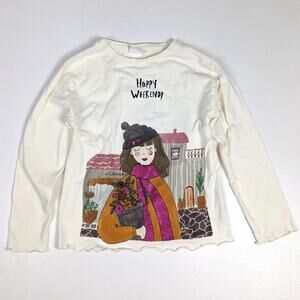 Zara Girls Shirt Sz 8 Cream Graphic Basic Casual Long Sleeve